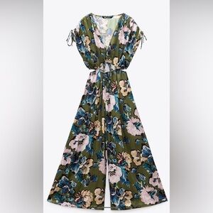 Zara Green Floral Cutout Jumpsuit Size Medium